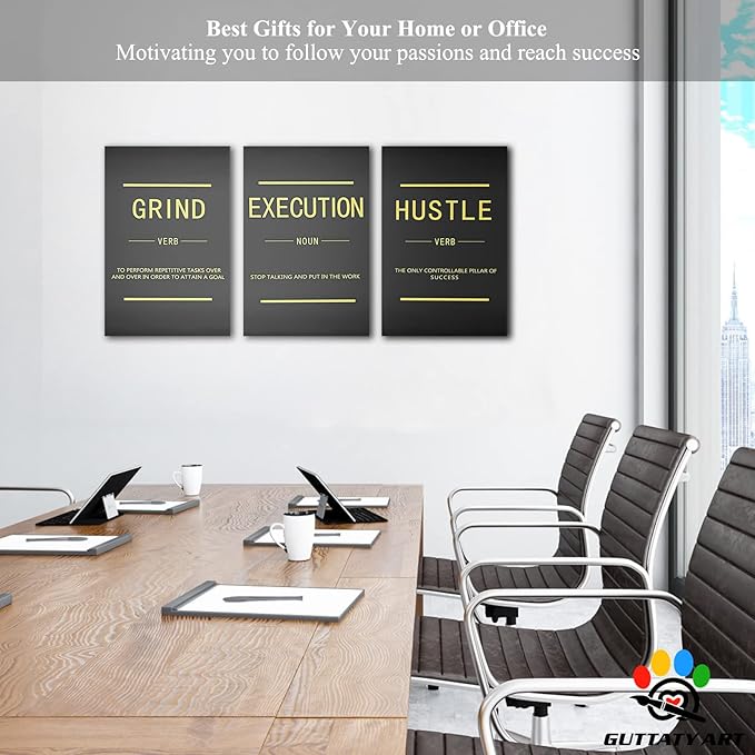 Office Wall Art - 3 Panel Motivational Wall Art, Inspirational Quotes Canvas Art for Home Office Wall Decor, Positive Quotes Wall Decor, Entrepreneur Grind Hustle Execution Poster Frame (16”x24”x3Pcs)