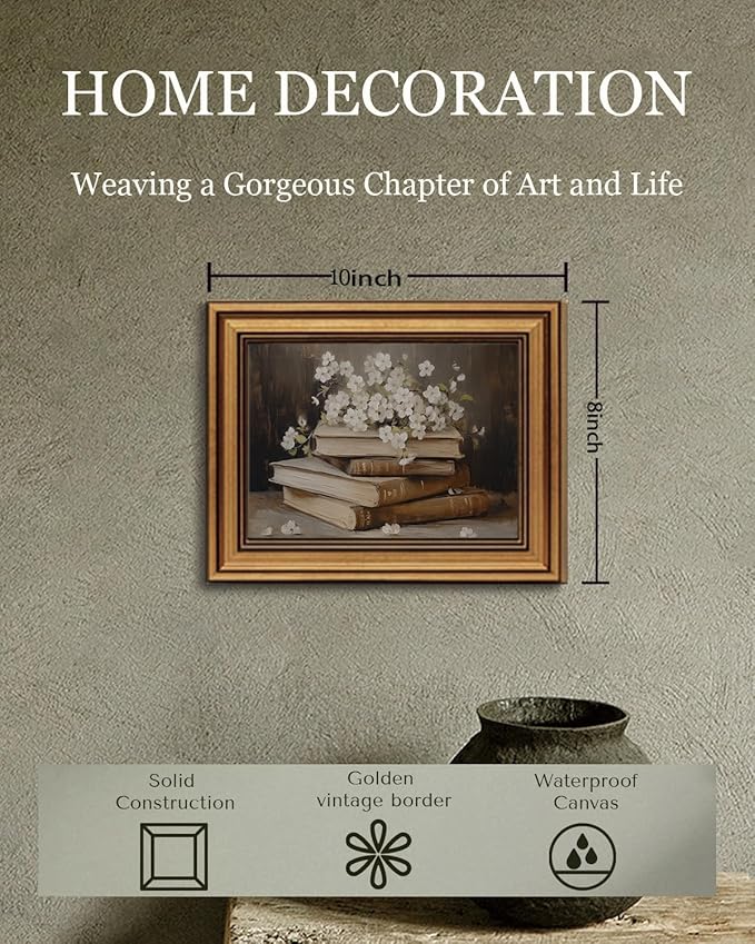 Gold Framed Wall Art Vintage Canvas Wall Art Moody Books and Flowers Dark Academia Decor Artwork Prints Picture for Living Room Bedroom Farmhouse Bathroom Office Decor, 8x10