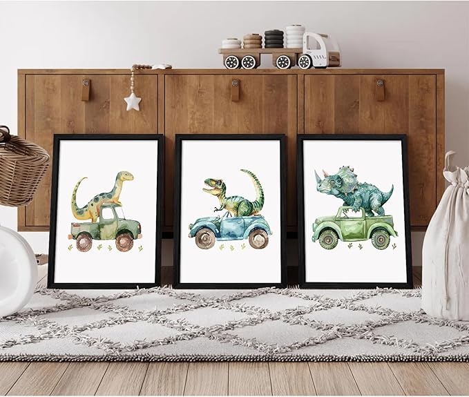 Dinosaur Nursery Wall Art Kids Canvas Poster Baby Boy Nursery Wall Decor Green Dino Pictures Toddler Prints Cartoon Dino Car Painting Boys Room Artwork for Bedroom Bathroom 12x16x3 Inch Wood Framed