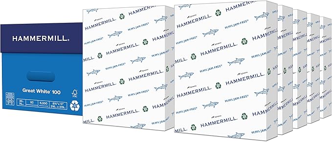 Hammermill Printer Paper, Great White 100% Recycled Paper, 8.5 x 11 - 92 Bright, Made in the USA , 500 Sheets (Pack of 10 Ream)
