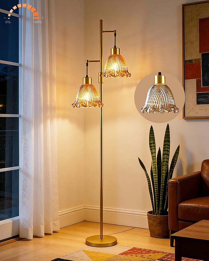 Lightdot 2- Light Gold Floor Lamp for Living Room, 65IN Dimmable Floor Lamps with Brown Glass Shade&3000K Warm White Bulbs, Modern Standing Tall Lamp for Bedroom Office