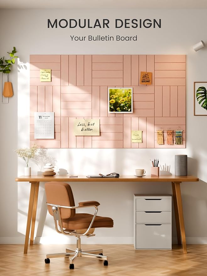 Bumusty Large Cork Board Alternative-36 x 24" Felt Bulletin Board Tiles, with 30 Pushpins, 40 Adhesive Tabs, 6-Pack Slat Wall Paneling, Cork Boards for Office Push Pin Board Felt Board-Pink