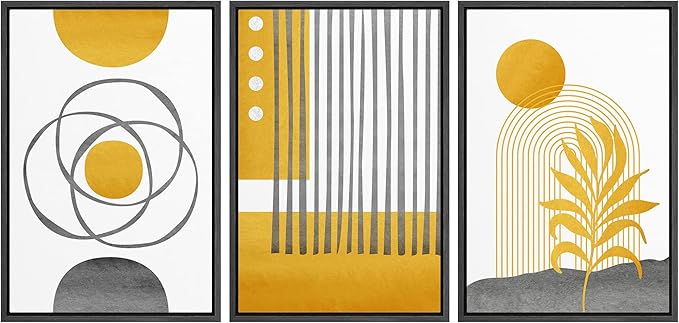 IDEA4WALL Framed Canvas Print Wall Art Set Geometric Mid-Century Gold Jungle Plant Polygons Abstract Shapes Illustrations Modern Art Nordic for Living Room, Bedroom, Office - 24"x36"x3 Black