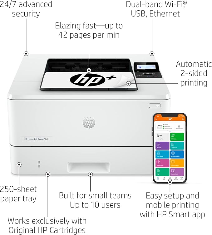 HP LaserJet Pro 4001dwe - High-Speed Wireless Printer for Home Use with HP+ Smart Office Features Monochrome, 1.2 GHz - 495 WattPerfect for All-in-One Printing Needs - 2Z601E#BGJ (Renewed)