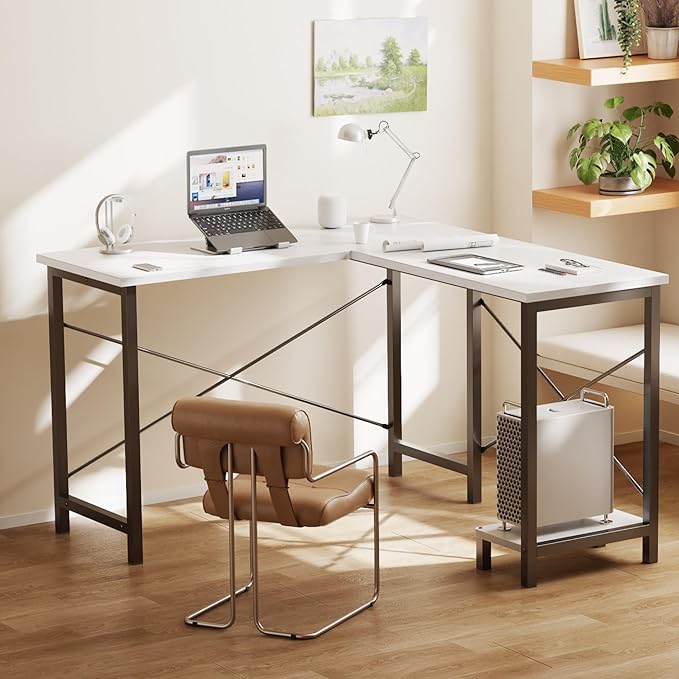 DUMOS L Shaped Desk, Computer Gaming Desks Corner Office Table with CPU Shelf for Home Study Writing Work Station 50 Inch, White