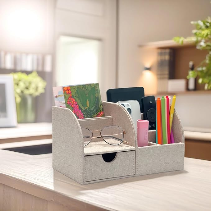 UnionBasic Desk Organizer - Multifunctional Leather Desktop Pen Holder Storage Box - Business Card/Pen/Pencil/Mobile Phone/Stationery Holder, Beige