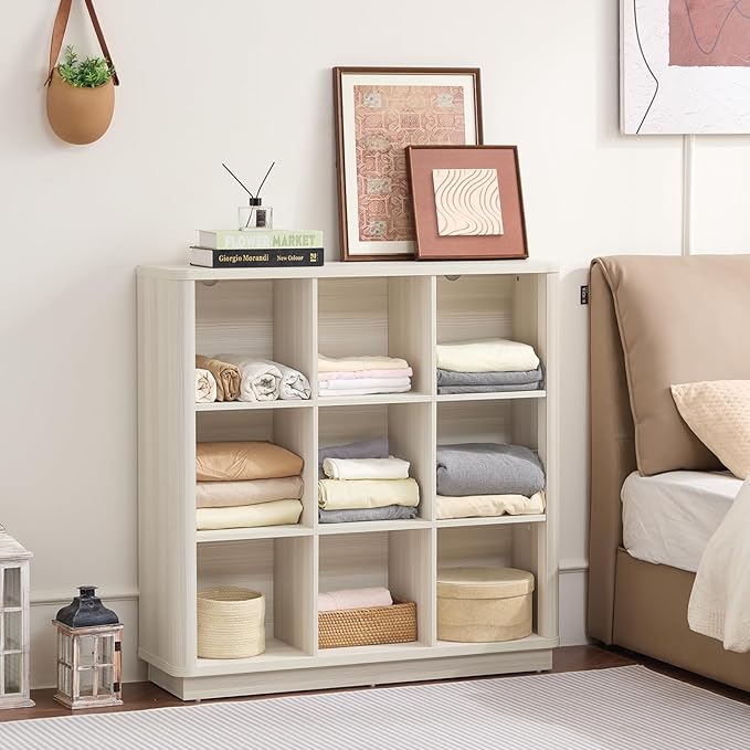 9 Cube Storage Book Shelf, 41" Tall Organizer Bookcase with Curved Edge, Wood Floor Standing 3-Tier Cubby Bookshelf with Base, Vintage Display Book Case for Bedroom,Office,White-Grey Cream Oak