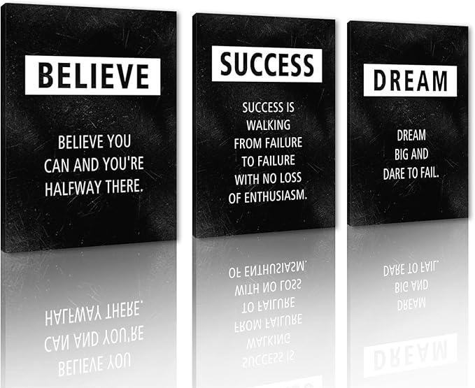 3 Piece Motivational Wall Art - Framed Believe Success Dream Canvas Prints Positive Quotes Poster Inspirational Wall Decor Office Picture Black Inspiring Artwork Modern Painting for Home, 12x16 in
