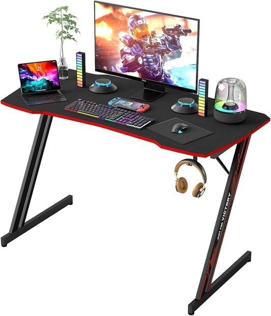 BestOffice 39" Gmaing Desk Computer Gaming Desk Z Shaped Gaming Workstation Ergonomic Gaming Table with Headphone Hook for Game Players,Black&Red