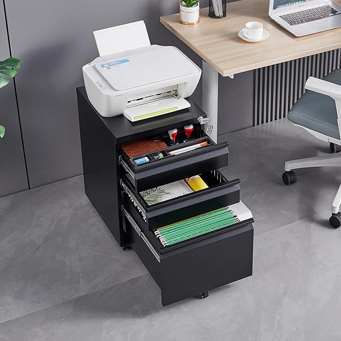 3-Drawer Mobile File Cabinets Black File Cabinet Under Desk Metal Filing Cabinet Rolling Metal Filing Cabinet for Legal and Letter Files with Anti-Tilt Design with Locking Fully Assembled (Black)