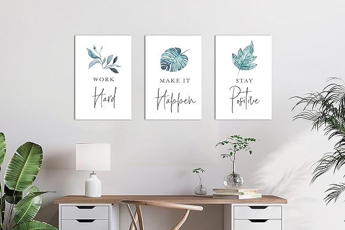 3 Piece Office Canvas Wall Art, Motivational Quotes Tropical Plants Canvas Print Pictures Wall Decor for Office, Men Women Inspirational Framed Artwork Home Office Decor 12"x18" x 3 Pcs