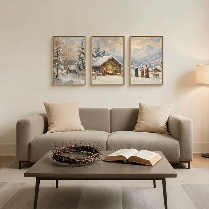 HOURIA Christian Easter Season Framed Canvas Wall Art Set,Religious Jesus Christ Biblical Wall Decor,Holy Family Star of Bethlehem Woodland Landscape Artwork for Church,Prayer Room,Home-16"x24"x3