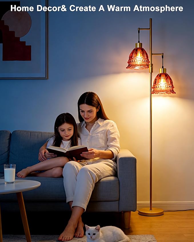 Lightdot 65IN Glass Floor Lamp for Living Room, 2- Light Gold Flower Floor Lamps with Rose Red Glass Lampshade,3000K Warm White Modern Standing Tall Lamp for Bedroom Corner Sofa Beside