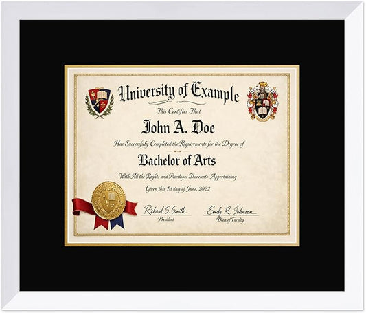 CountryArtHouse Diploma Frame Fits 13 x 10 College Diploma (Traditional) - Keepsake Graduation Display Bright White Genuine Hardwood with Black Over Metallic Gold Double mat