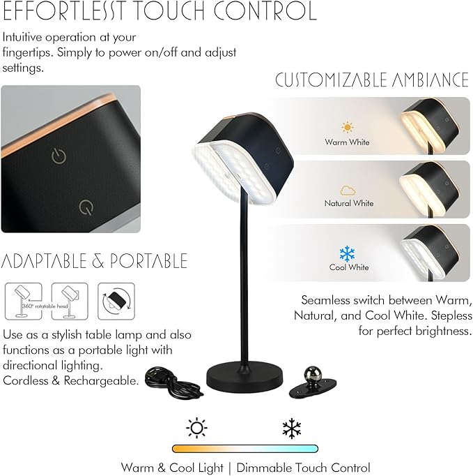 2 Pack Cordless Table Lamps, Rechargeable Touch Lamps for Nightstand & Dining Table, 3 Color Temps 3000K-6500K, Dimmable, Dual-Tone Design, USB-C Portable Bedside Lights, Set of 2, Black & White