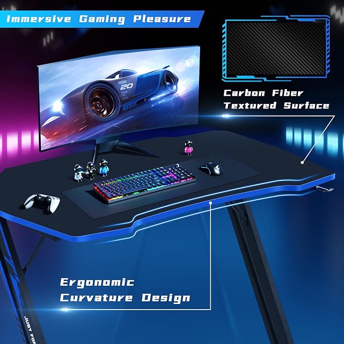 Gaming Desk 39 Inch Z-Shaped Computer Desk Modern Ergonomic PC Computer Table Home Office Desk Racing Style Gaming Workstation with Headphone Hook, Blue