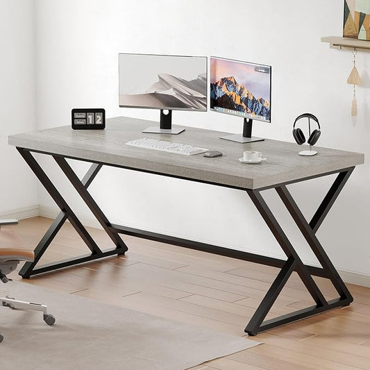 LVB Grey Computer Office Desk, Industrial Wood PC Gaming Gray Desk for Home Office, Modern Wooden Metal Study Work Bedroom Table, Farmhouse Executive Writing Desk with Storage, 55 Inch, Light Grey Oak