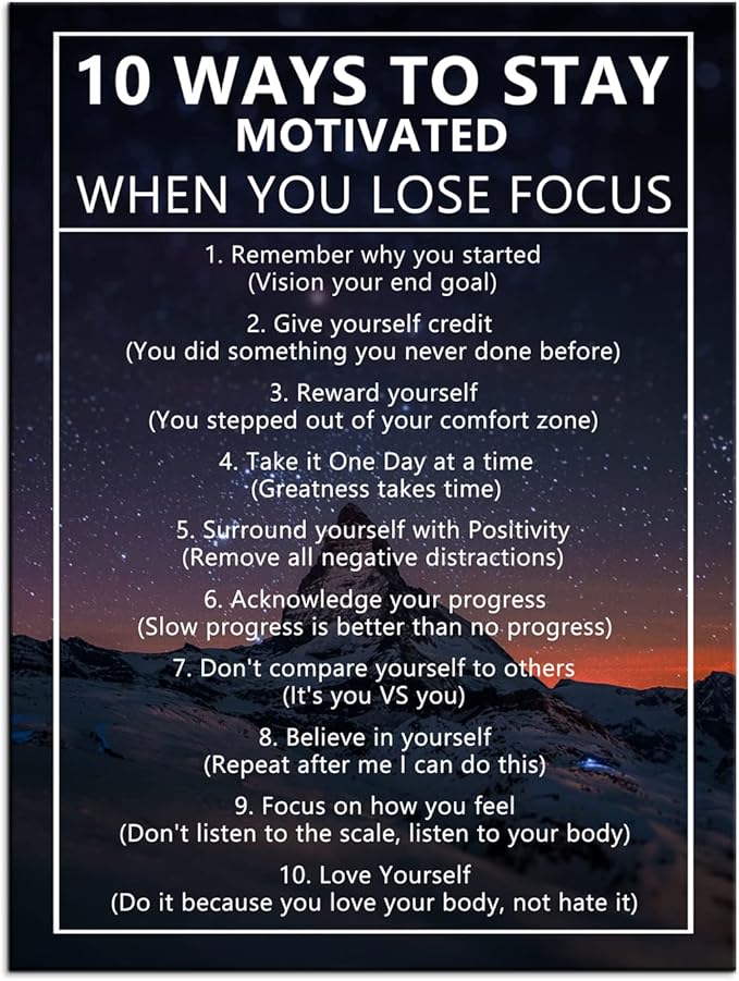 Inspirational Canvas Painting Wall Art 10 Ways to Stay Motivated When You Lose Focus Motivational Wall Art Poster Motivational Framed Artwork Prints Picture for Living Room Office [18''Wx 24''H]