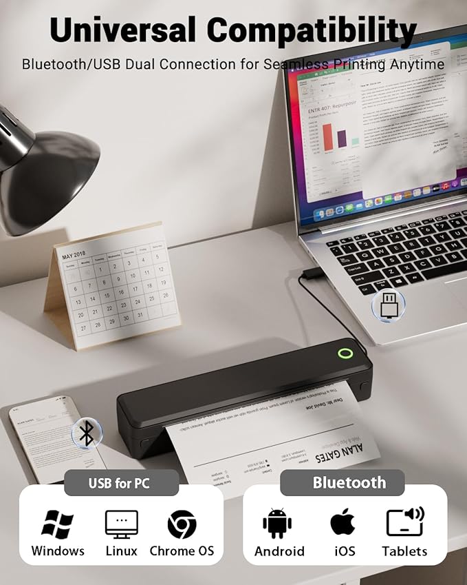 Labeer Portable Wireless Thermal Heat Small Printer 8.5 x 11 Inch Letter A4 Support, Inkless Simple Tiny Mobile Bluetooth Printer for Phone Laptop Travel Home Office (Black)