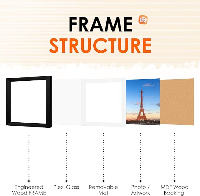 FIXSMITH 10x10 Picture Frame Set of 4, Photo Frame with HD Plexiglass, Display Pictures 8x8 with Mat or 10x10 Without Mat, Black Picture Frames Collage Wall Decor, Gallary Wall Frame