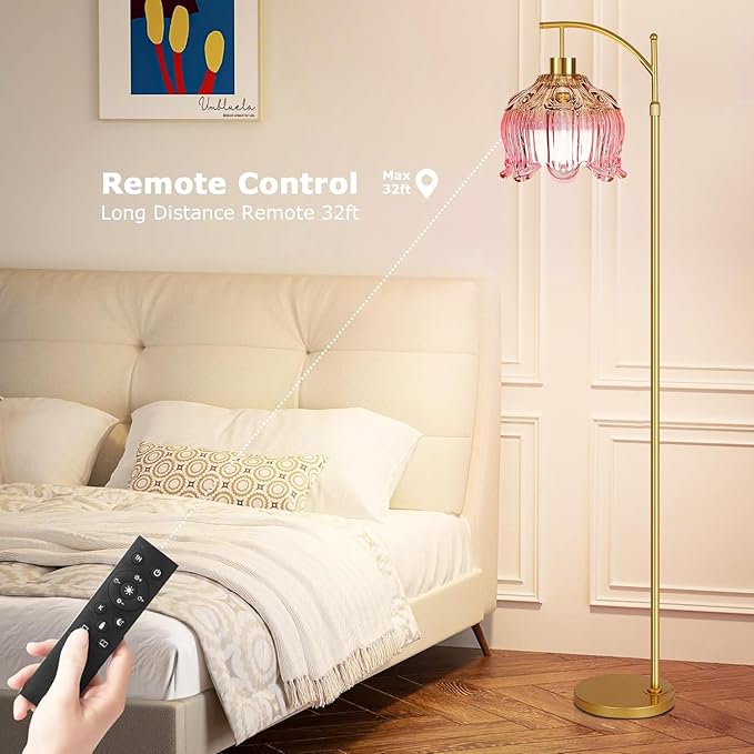 Pink Floor Lamp for Living Room,Bedroom,Gold Dimmable Standing Lamp with Remote,Mid Century Modern Brass Tall Lamp Boho Floor Lamps Arc Stained Glass Flower Floor Light Lamp Girls kids Bohemian