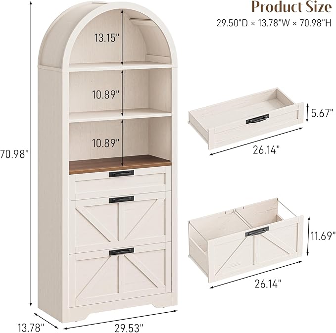 Arched Farmhouse File Cabinet with 2 Drawers for Legal, Letter, and A4 Size Hanging Files, Large Wooden File Cabinet for Home Office with Printer Stand and Bookshelf, Rustic White