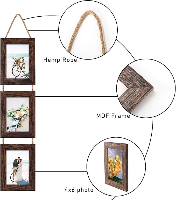 Lavezee 4x6 Picture Frames Collage Distressed Brown, Three 4 x 6 Hanging Picture Frames for Vertical 4 by 6 Inch Photos for Wall