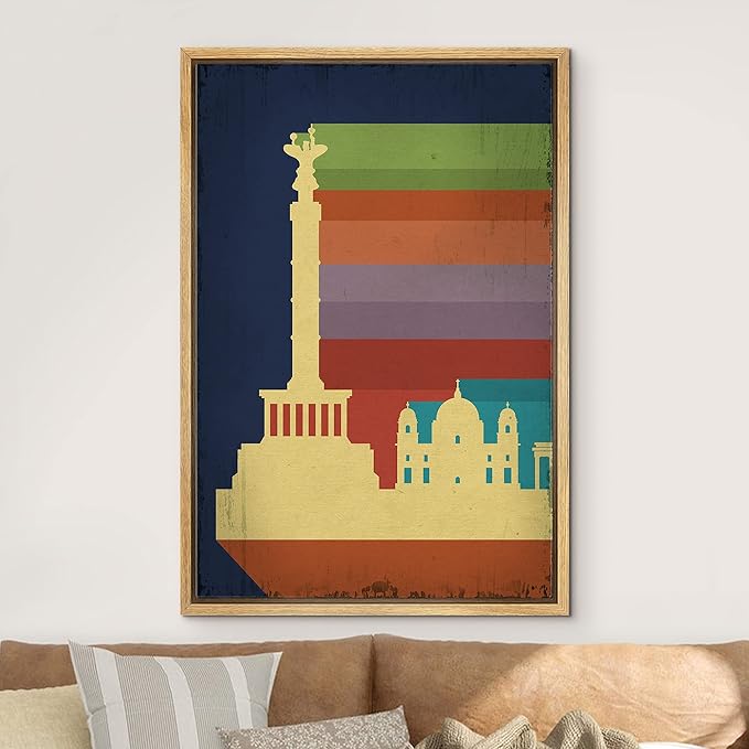 IDEA4WALL Framed Canvas Print Wall Art Retro Vintage Berlin Germany Poster Cultural Building Illustrations Modern Art Contemporary Scenic Warm for Living Room, Bedroom, Office - 24"x36" NATURAL