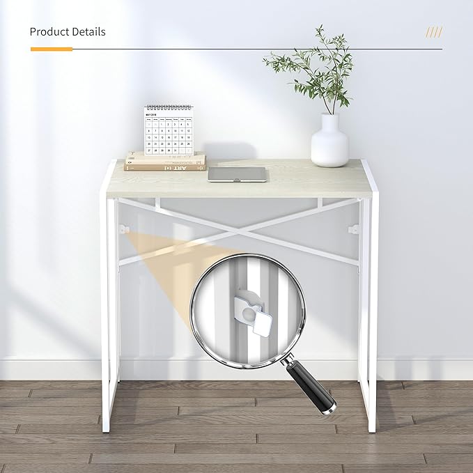 32 inch Small Folding Desk, Writing Gaming Computer Camping Desk for Small Spaces, No Assembly Required Home Office Desk, Natural and White