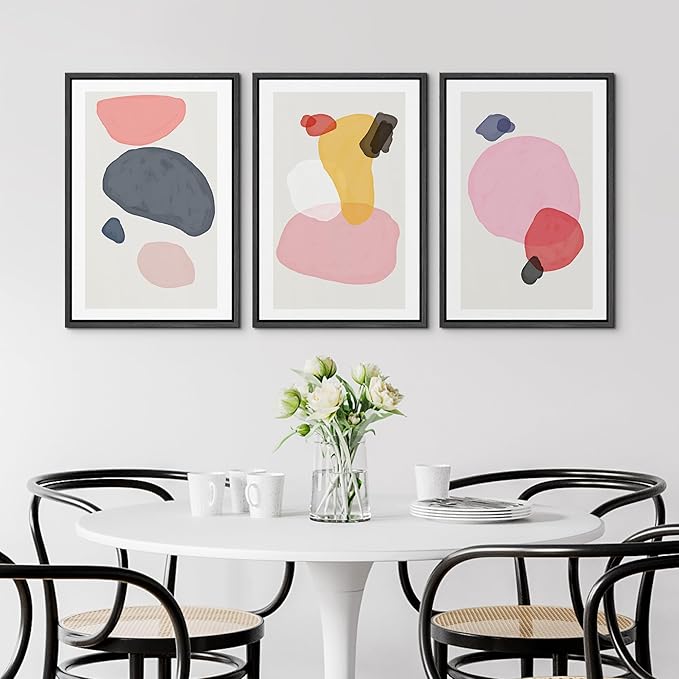 SIGNFORD Framed Wall Art Print Set Pink, Gray, Red & Yellow Transparent Blots Abstract Shapes Digital Art Modern Art Contemporary Colorful for Living Room, Bedroom, Office - 16"x24"x3 Black