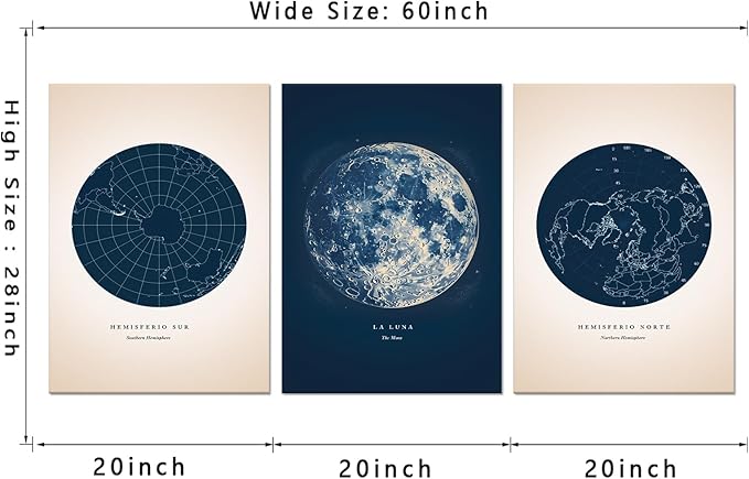 Canvas Wall Art Set Of 3 - Navy Blue Astronomy Prints Star Map Painting Constellation Poster Moon Picture Wall Decor Star Map Artwork for Bedroom Living Room Home Office Decor, Framed 20"x28"x3Pcs