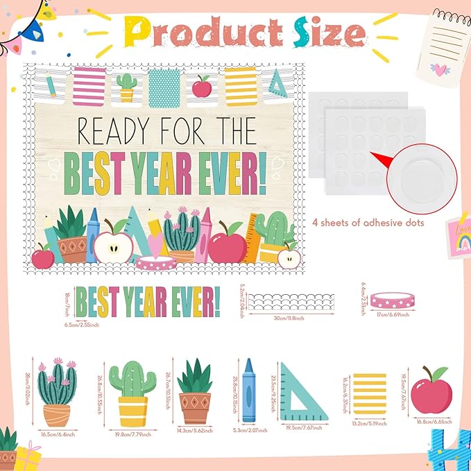 Pajean Ready for The Best Year Ever Bulletin Board Modern Back to School Classroom Decorations Apple Potted Ruler Pencil Paper Cutouts for Door Wall Chalkboard Decor First Day of School Supplies