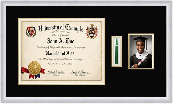 CountryArtHouse Diploma Tassel and Photo Shadowbox Fits 17 x 13 International Diploma with Tassel Hook Stainless Silver Genuine Hardwood with Black Over Metallic Gold Double mat
