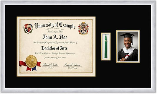 CountryArtHouse Diploma Tassel and Photo Shadowbox Fits 17 x 13 International Diploma with Tassel Hook Stainless Silver Genuine Hardwood with Black Over Metallic Gold Double mat