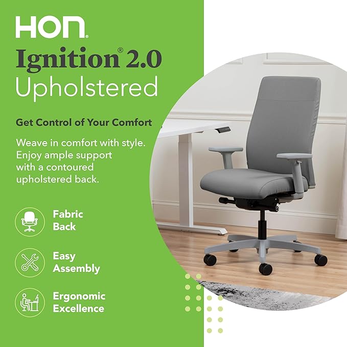 HON Ignition 2.0 Fabric Office Chair, Upholstered, Adjustable Arms, Advanced Synchro-Tilt Recline Executive Ergonomic Office Chair, Titanium Frame, Frost
