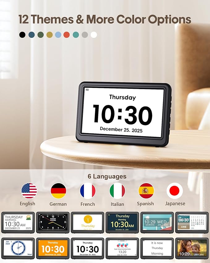 Clock with Day and Date for Elderly Battery Operated, Digital Calendar Clock with 12 Display Modes, 20 Alarms and Medicine Reminders, Dementia Clocks for Seniors, Black (With Rechargeable Battery)