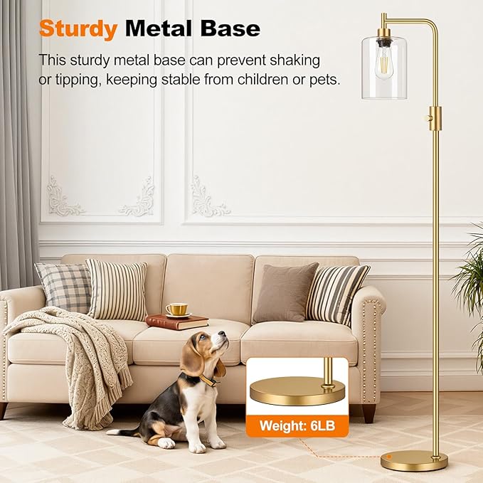 【Upgraded】Dimmable Gold Floor Lamp for Living Room with Clear Glass Lampshade, Glass Modern Floor Lamp with 900LM Edison Bulb Included, Standing Tall Lamp for Bedroom, Office, Reading Room, Corner
