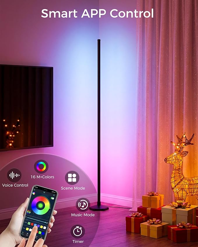 2 Pack Corner LED RGB Floor Lamp, Smart Dimmable Corner Light with Music Sync, Color Changing Ambient Lighting with App and Remote Control, for Bedroom, Living Room Gaming Room