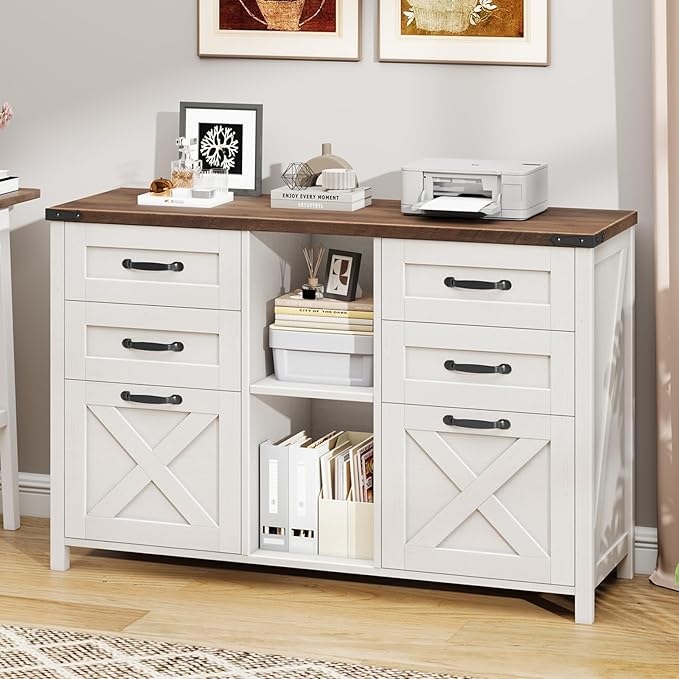 Farmhouse Lateral Filing Cabinet, Lateral File Cabinet with 6 Drawers and Adjustable Shelf, Large Printer Stand with 2 File Drawers for Letter/A4 Size Hanging Files for Home Office, Rustic White
