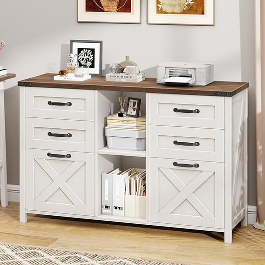 Farmhouse Lateral Filing Cabinet, Lateral File Cabinet with 6 Drawers and Adjustable Shelf, Large Printer Stand with 2 File Drawers for Letter/A4 Size Hanging Files for Home Office, Rustic White
