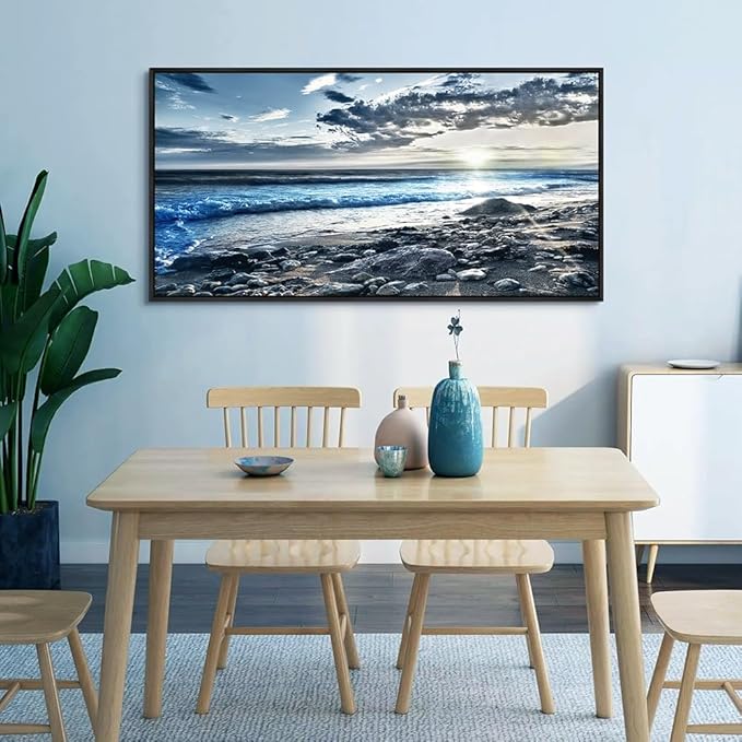 Black Framed Canvas Wall Art - Large Size, Modern Office & Bedroom Decor - Blue Beach Ocean Seascape Prints - 30"X60"