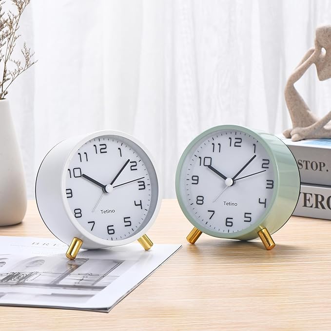 Analog Alarm Clocks,Retro Metal Desk Silent Non Ticking Small Clock with Night Light,Battery Operated,Simple Design,for Bedrooms, Bedside,Office,Home Décor (White)