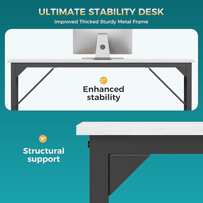DUMOS 63 Inch Small Computer Desk for Home Office, Modern Study Work Table Simple Style for Bedroom, WritInchg Desks with Triangular ReInchforcement, Wood White