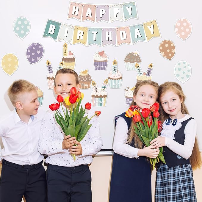 Leinuosen 45 Pieces Happy Birthday Bulletin Board Set Birthday Bulletin Board Decorations Classroom Chart Calendar Balloon Candle Cupcake Cutouts for Calendar Classrooms (Boho)