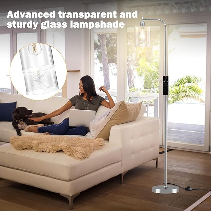 Industrial Floor Lamp with Glass Shade, Modern Dimmable Floor lamp with Remote LED Bulbs, Tall Lamp for Living Room Corner, Bedroom, Office (Brushed Nickel)
