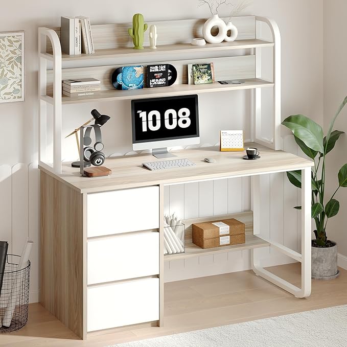 Computer Desk with Hutch, 47 Inch Small Desk with 3 Drawers for Bedroom, Study Writing Desk with Shelves for Small Spaces, Adjustable Feet, Walnut