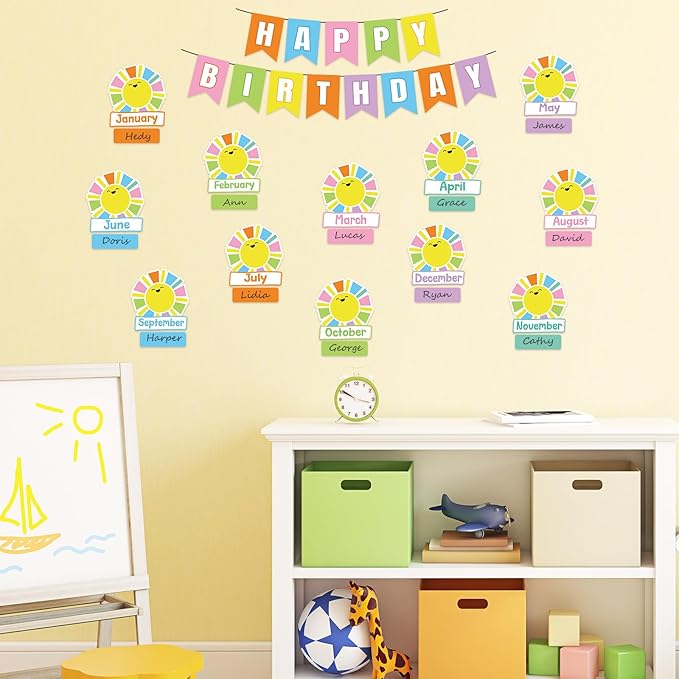 JarThenaAMCS 85Pcs Happy Birthday Bulletin Board Set Colorful Sun Calendar Poster Cartoon Cute Classroom Birthday Chart for Back to School Nursery Wall Decorations