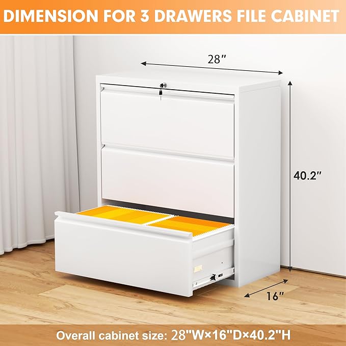 INTERGREAT 3 Drawer Lateral File Cabinet with Lock, 28" W Lateral Filing Cabinet for Legal/Letter A4 Size, Locking File Cabinets for Home Office, Assembly Require, White