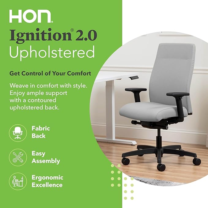 HON Ignition 2.0 Fabric Office Chair, Upholstered, Adjustable Arms, Advanced Synchro-Tilt Recline Executive Ergonomic Office Chair, Black Frame, Fog