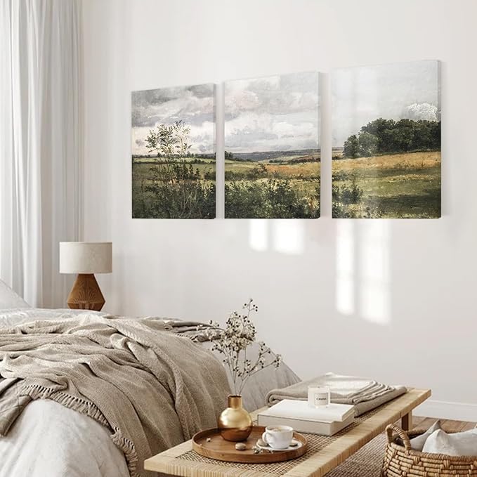 Vintage Bathroom Decor Wall Art Set of 3,Retro Country Wall Decor Field Landscape Wall Art Framed,Rustic Bathroom Wall Art Decor Moody Countryside Oil Paintings Pictures for Living Room Bedroom Office,12x16inch